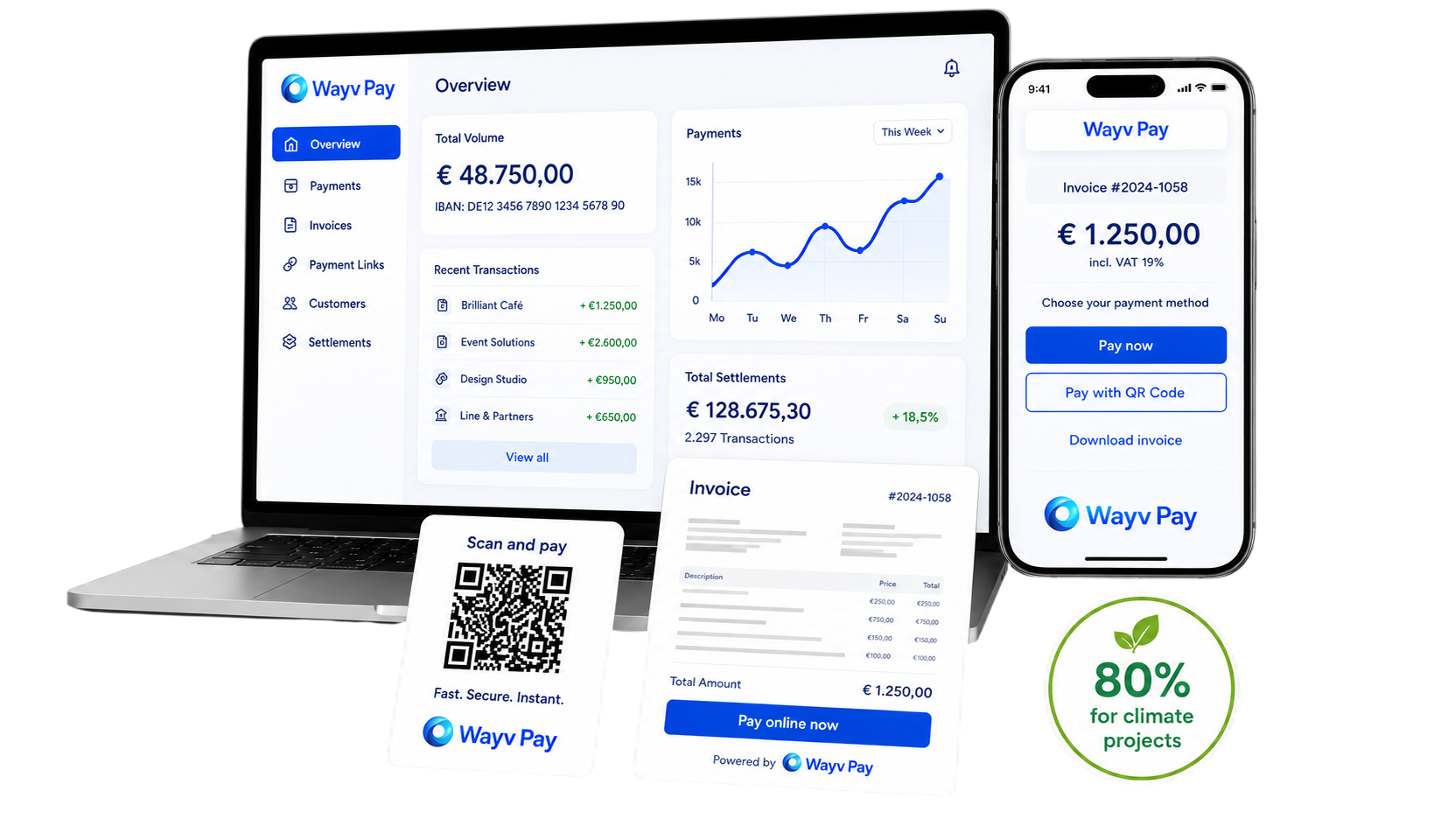 WAYV Pay business dashboard on a laptop next to a mobile payment page with a QR code